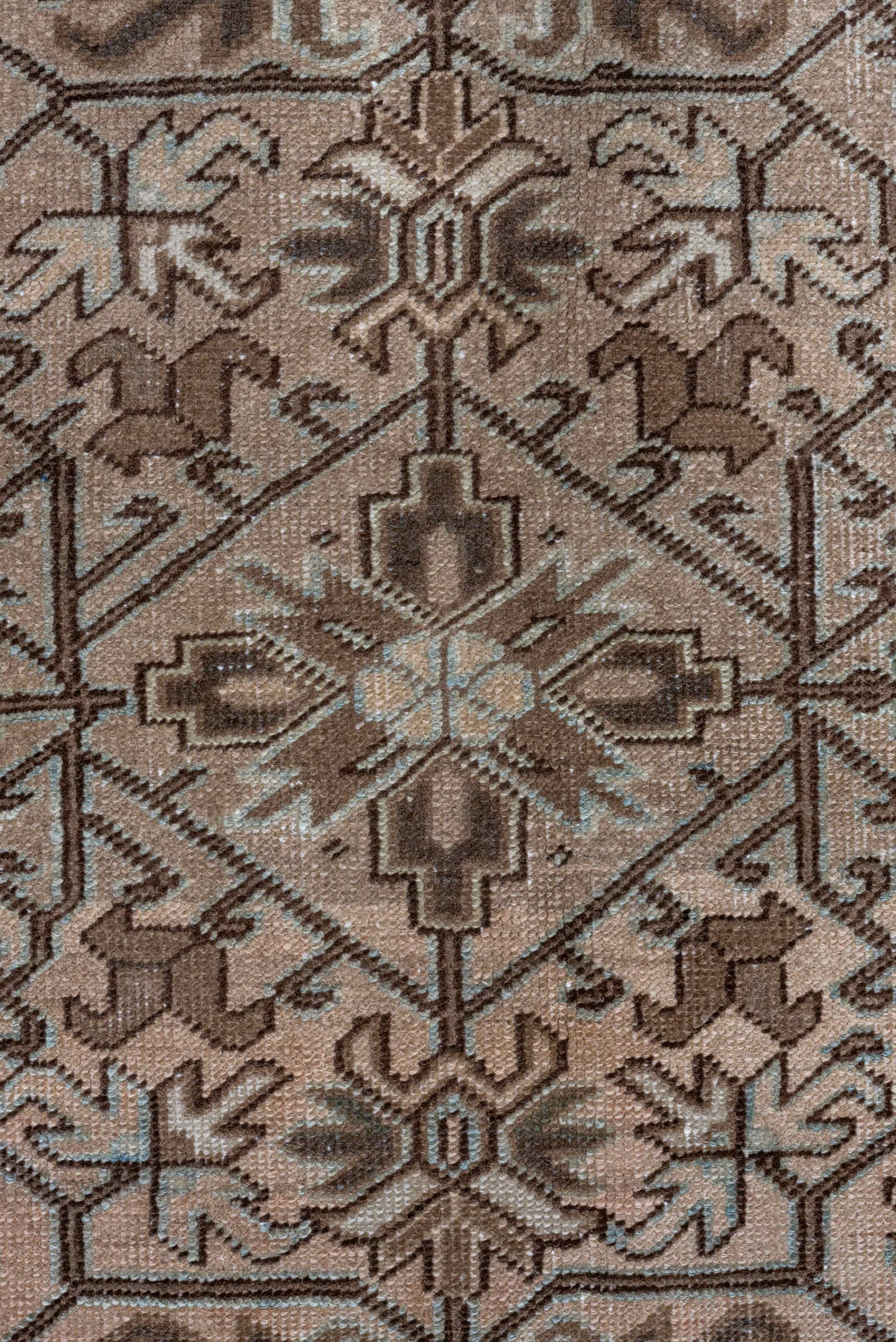 9' x 12' one-of-a-kind handmade antique Heriz large size rug. Color palette: taupe, brown, camel, ivory, pale_blue, beige
