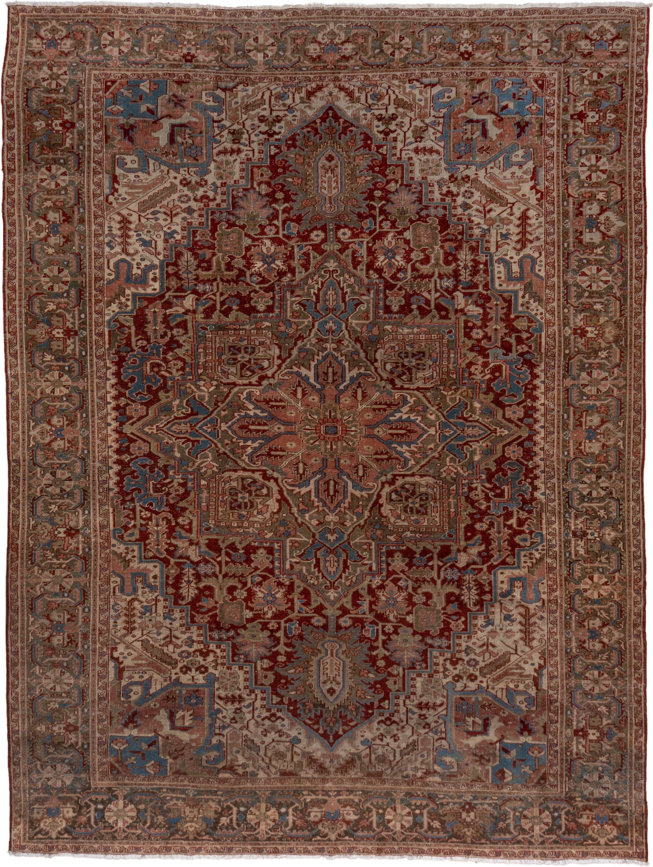 9' x 12' one-of-a-kind handmade antique Heriz large size rug. Color palette: rust, ivory, taupe, sky blue, brown, slate