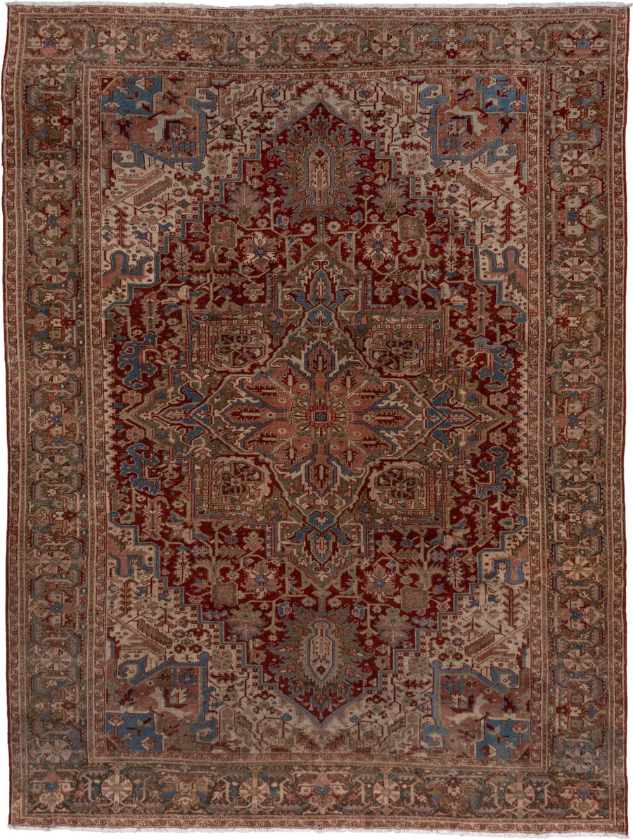 9' x 12' one-of-a-kind handmade antique Heriz large size rug. Color palette: rust, ivory, taupe, sky blue, brown, slate