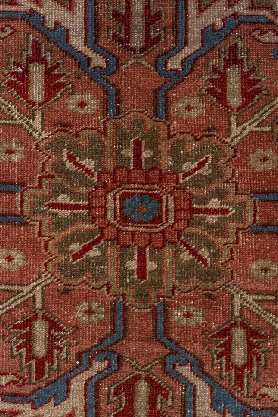 9' x 12' one-of-a-kind handmade antique Heriz large size rug. Color palette: rust, ivory, taupe, sky blue, brown, slate