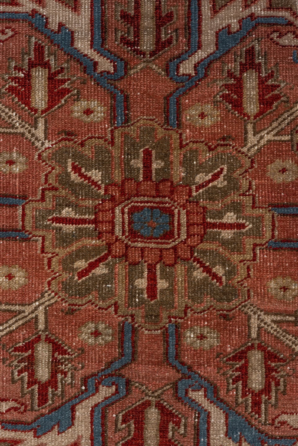 9' x 12' one-of-a-kind handmade antique Heriz large size rug. Color palette: rust, ivory, taupe, sky blue, brown, slate
