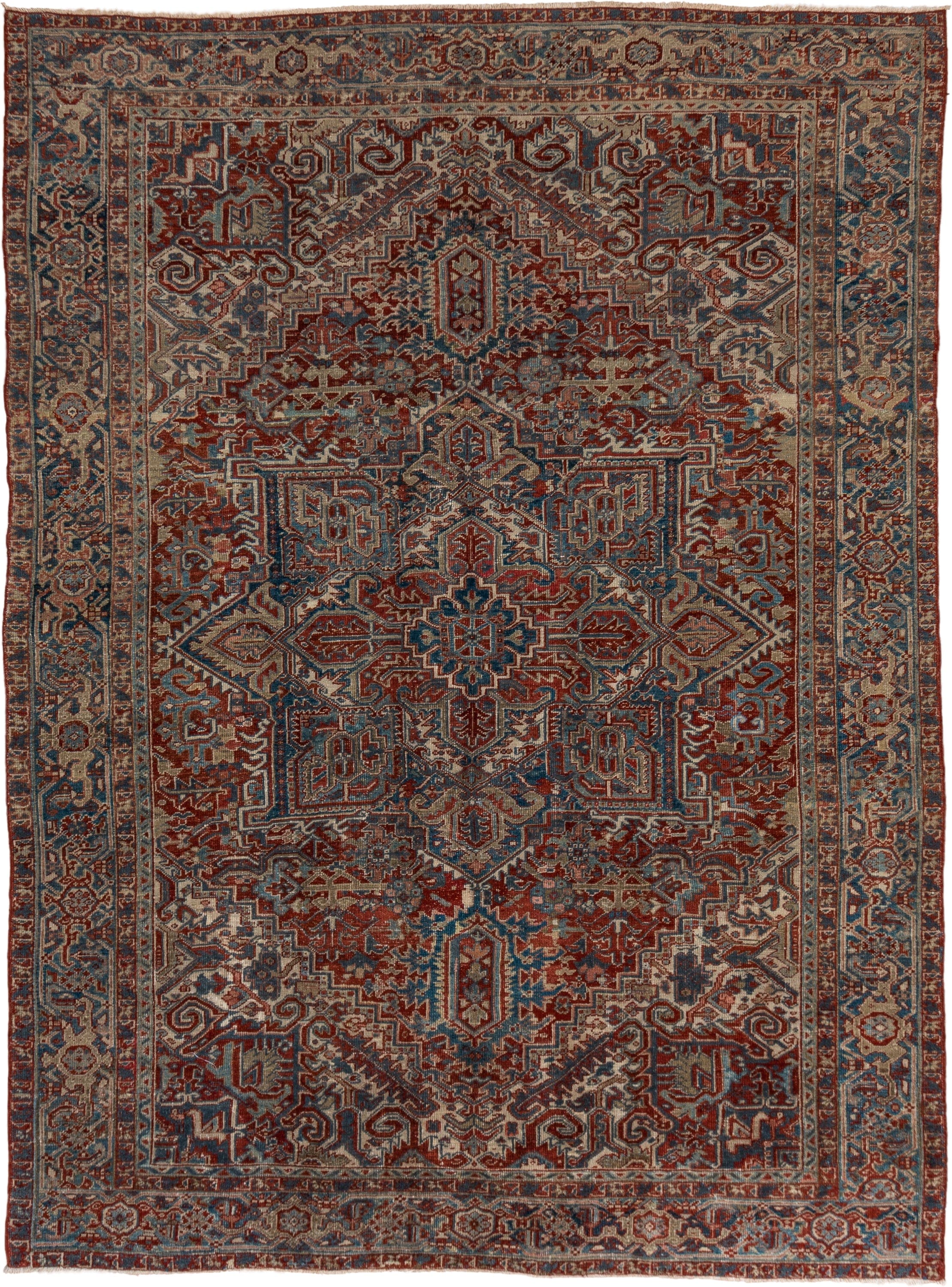 8' x 10' one-of-a-kind handmade antique Heriz large size rug. Color palette: rust, ivory, slate, navy, terra cotta, camel