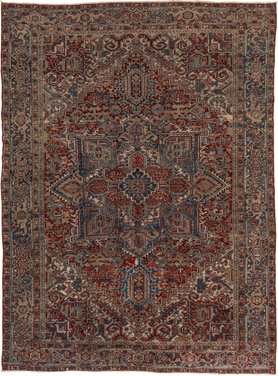 8' x 10' one-of-a-kind handmade antique Heriz large size rug. Color palette: rust, ivory, slate, navy, terra cotta, camel