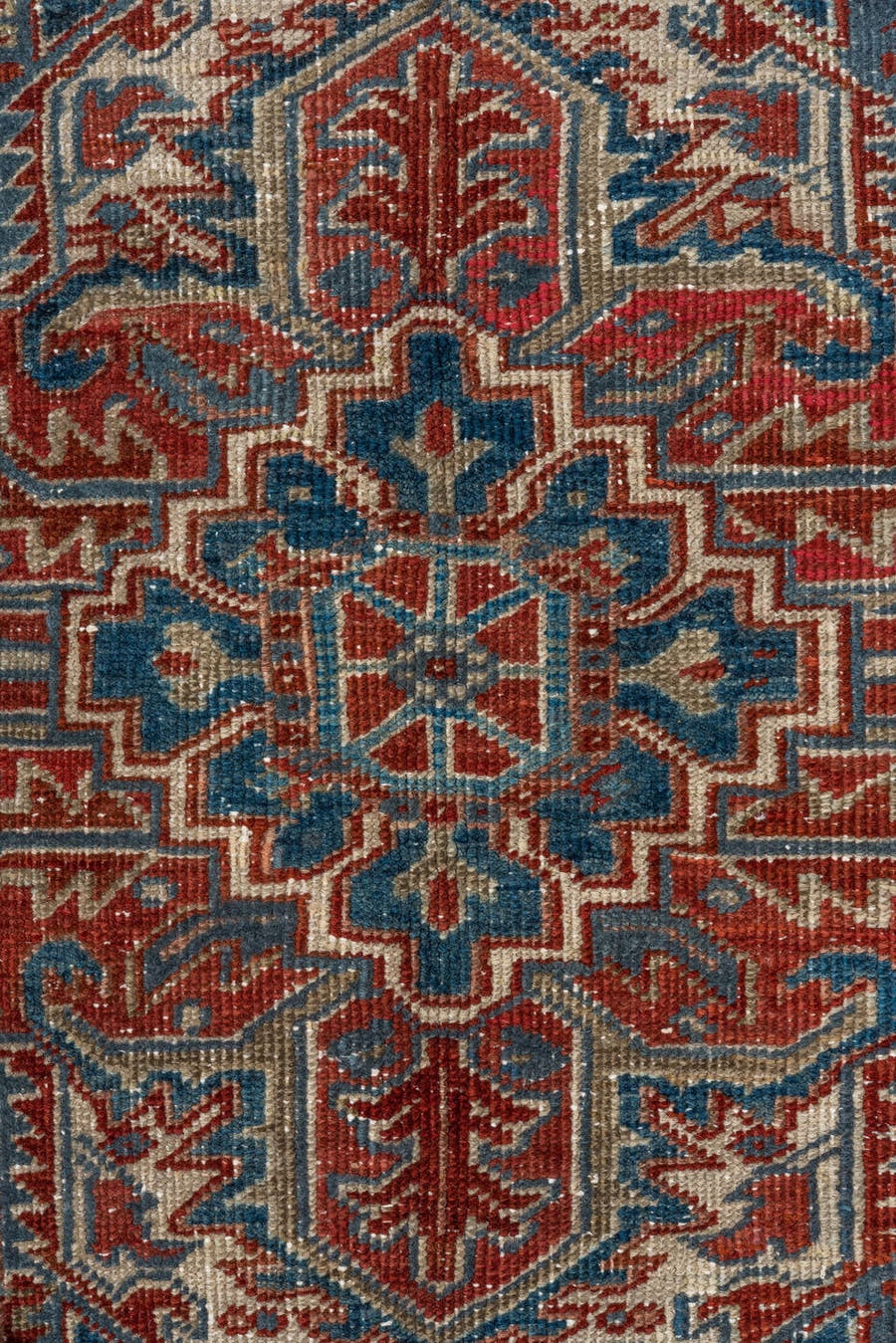 8' x 10' one-of-a-kind handmade antique Heriz large size rug. Color palette: rust, ivory, slate, navy, terra cotta, camel