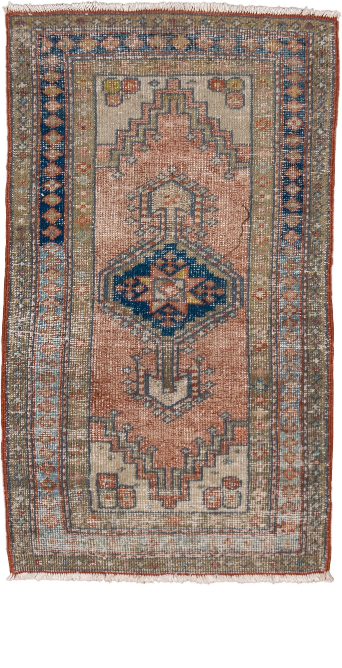 2' x 4' one-of-a-kind handmade antique Heriz small size rug. Color palette: ivory, faded coral, slate blue, indigo, taupe