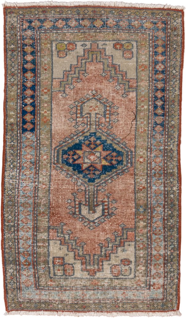 2' x 4' one-of-a-kind handmade antique Heriz small size rug. Color palette: ivory, faded coral, slate blue, indigo, taupe