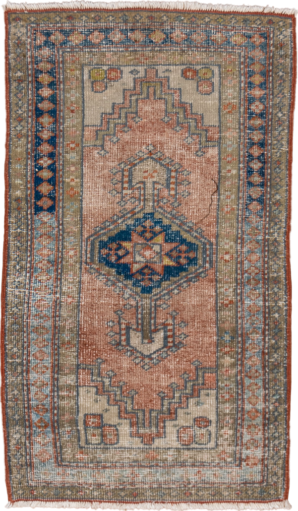 2' x 4' one-of-a-kind handmade vintage Heriz small size rug. Color palette: arapawa, blue, brown, dark gray, dim gray, gray