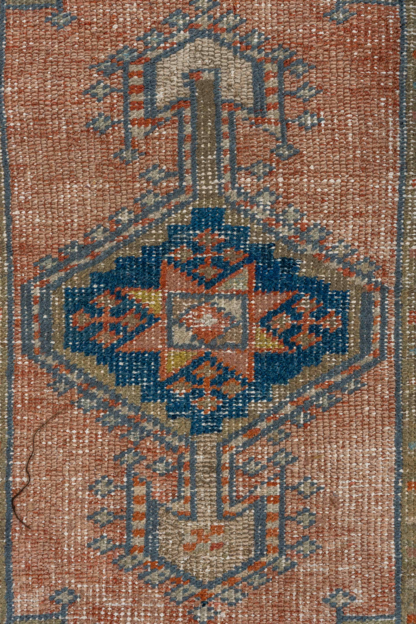 2' x 4' one-of-a-kind handmade antique Heriz small size rug. Color palette: ivory, faded coral, slate blue, indigo, taupe