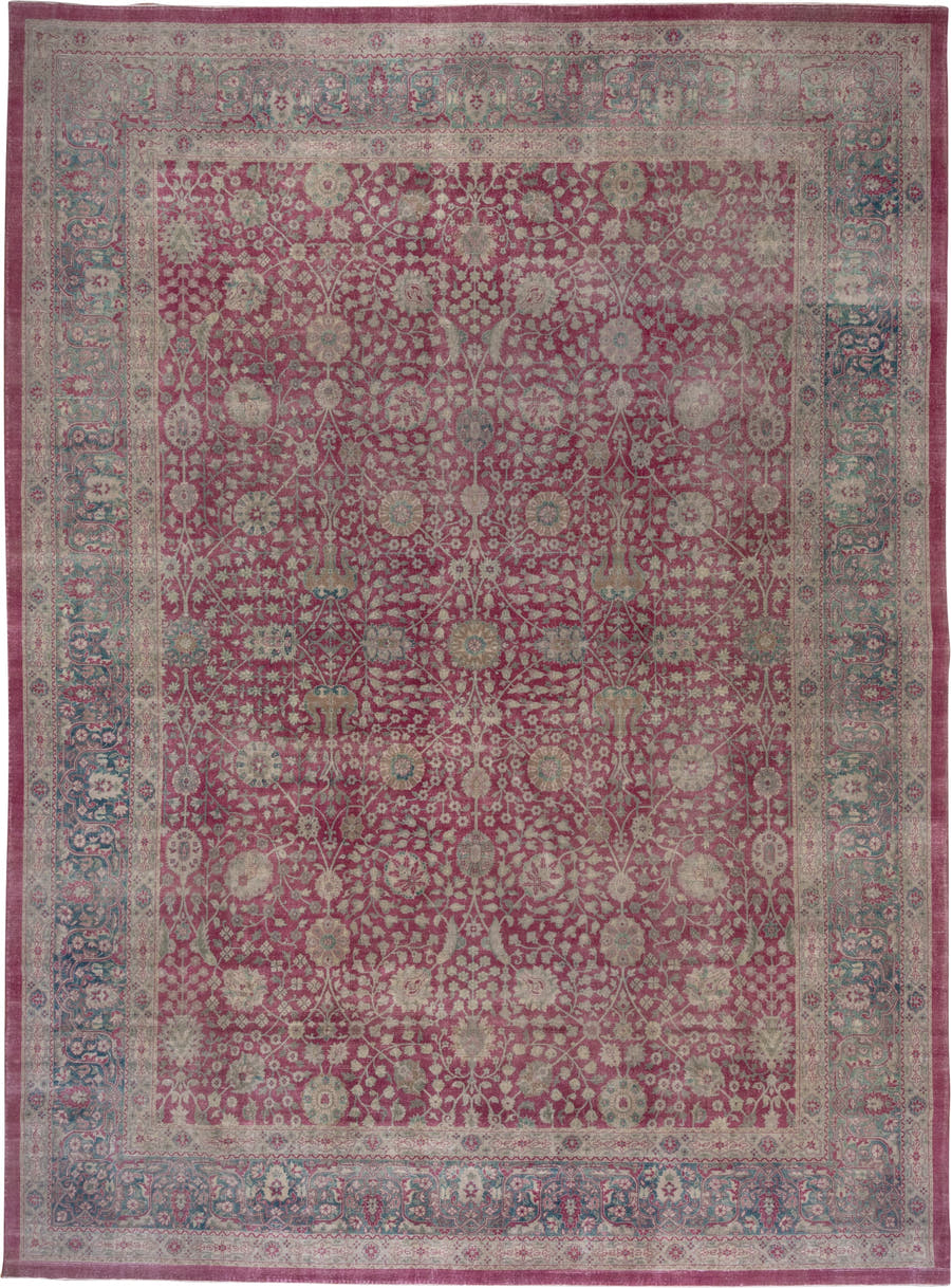 12' x 17' one-of-a-kind handmade antique Sivas oversize rug. Color palette: rose, ivory, teal, dusty pink, sage, taupe, pink