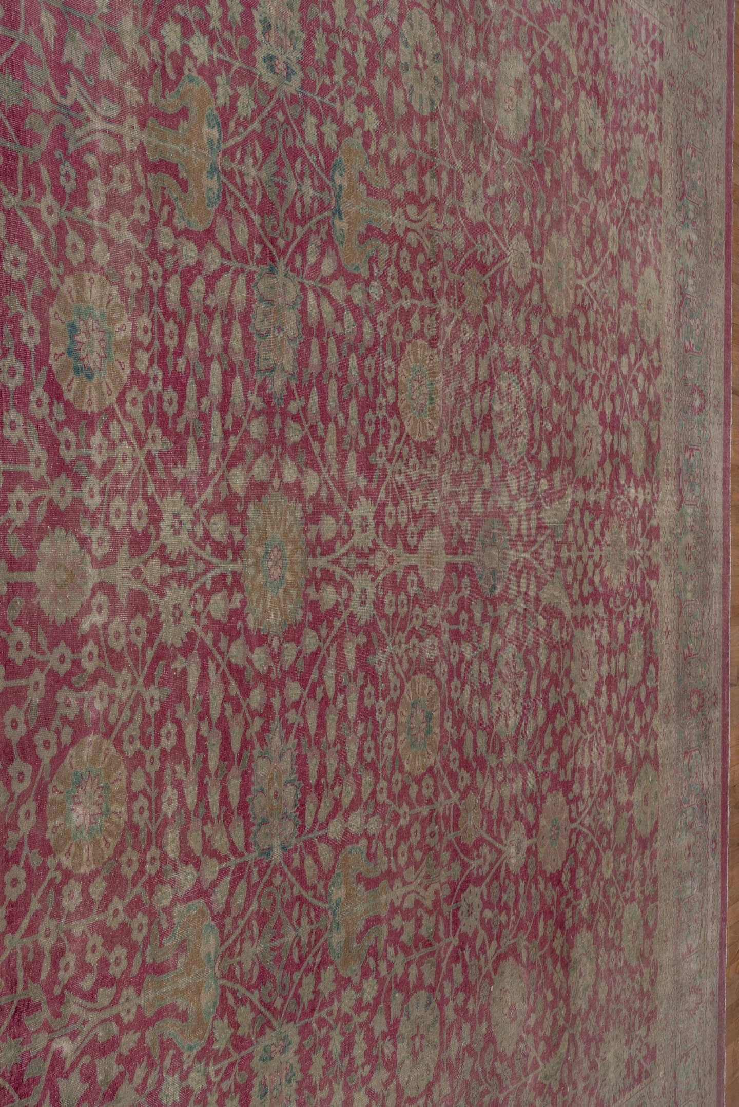12' x 17' one-of-a-kind handmade antique Sivas oversize rug. Color palette: rose, ivory, teal, dusty pink, sage, taupe, pink
