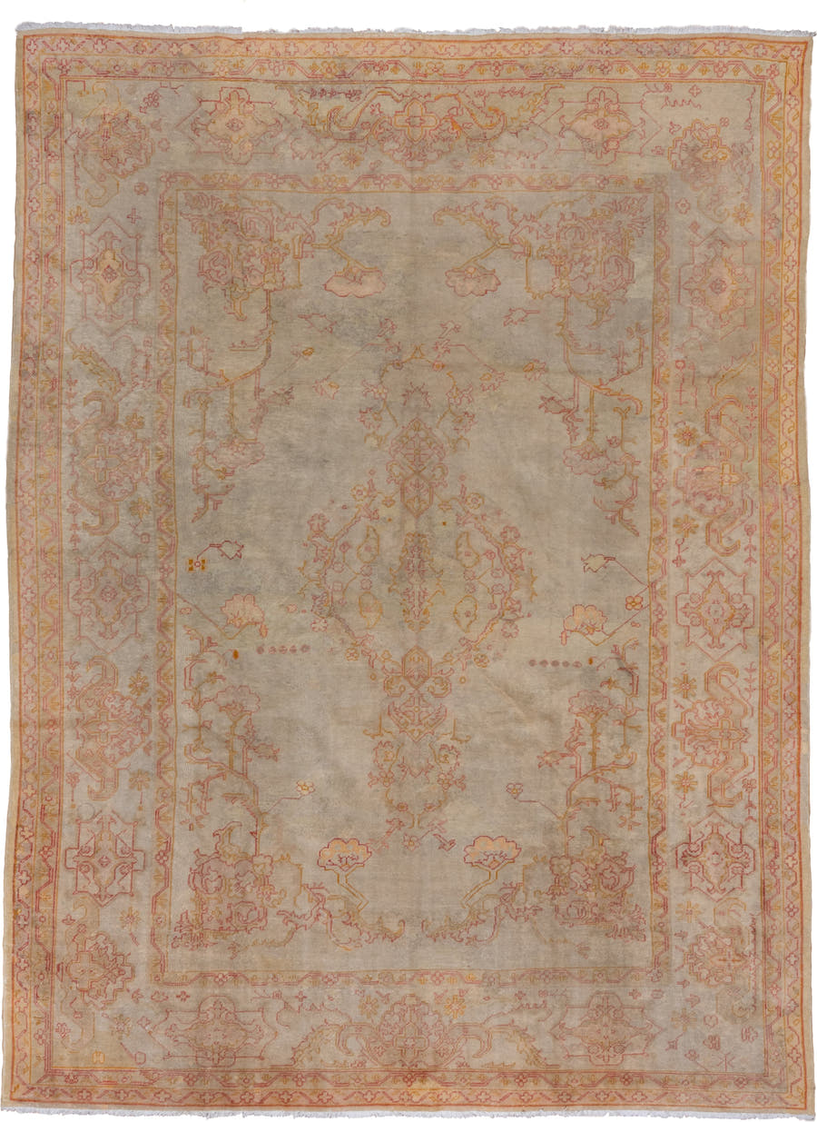 9' x 13' one-of-a-kind handmade antique Oushak large size rug. Color palette: ivory, blush, pale gold, beige, taupe, peach