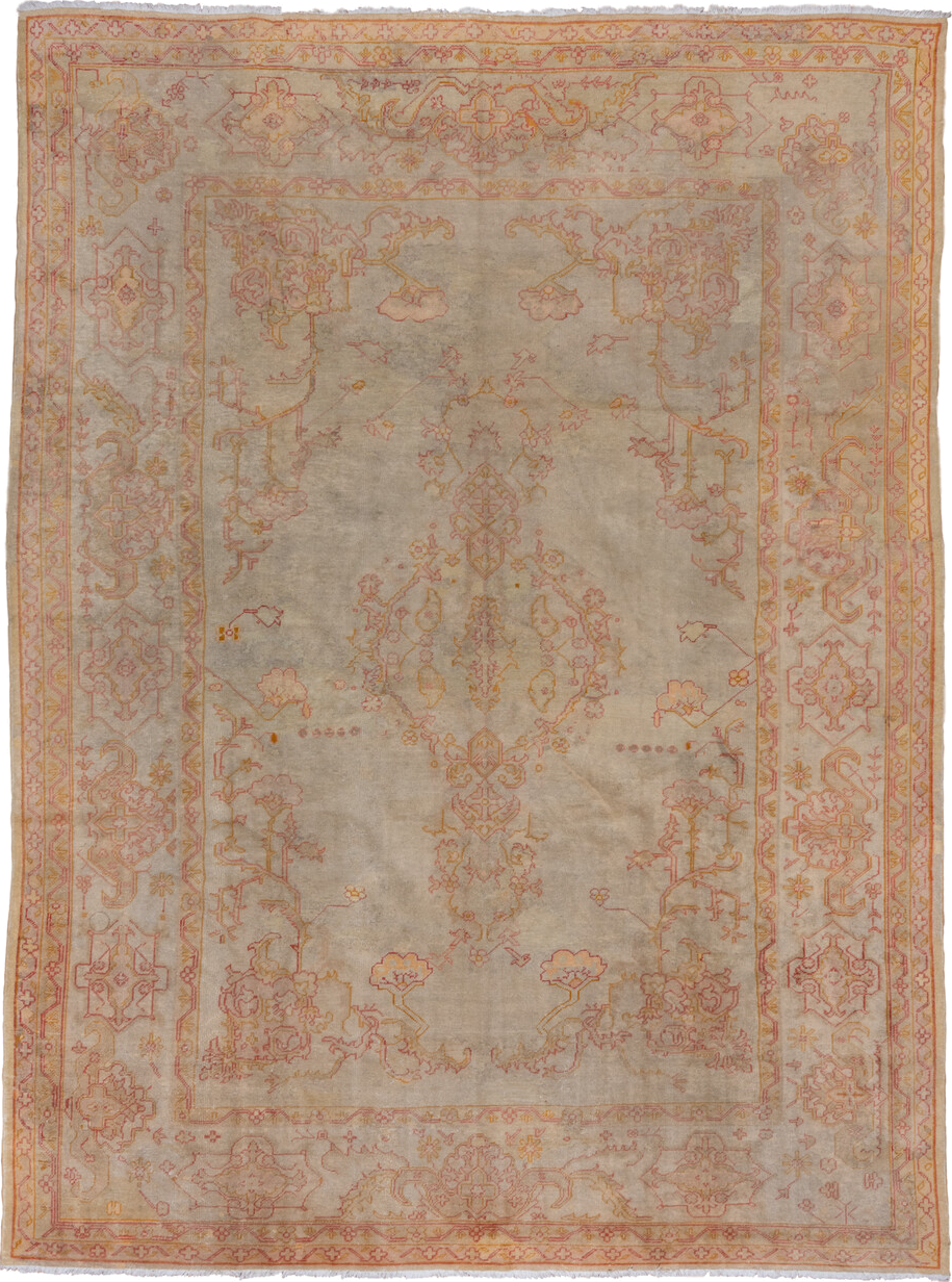 9' x 13' one-of-a-kind handmade antique Oushak large size rug. Color palette: ivory, blush, pale gold, beige, taupe, peach