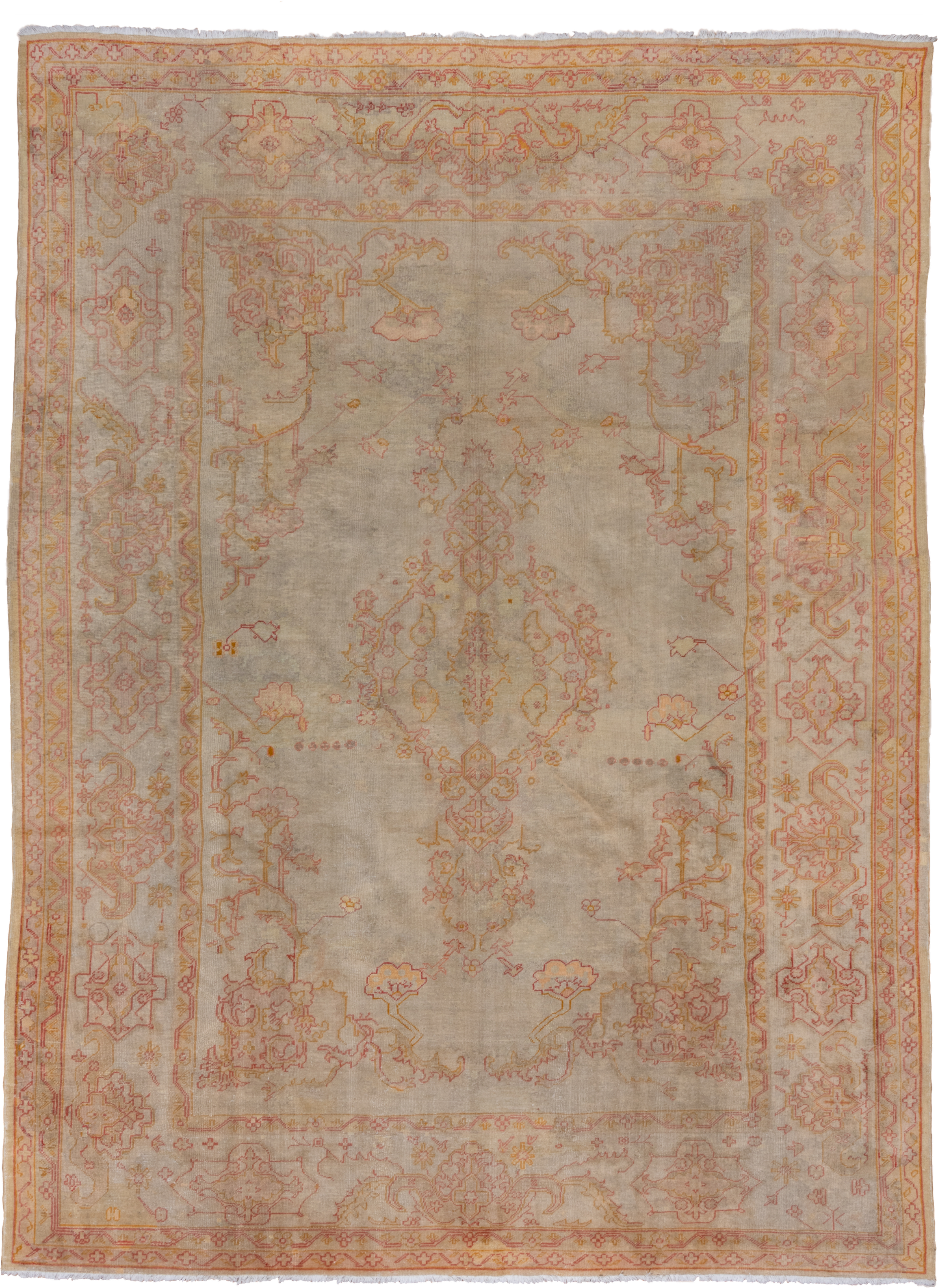 9' x 13' one-of-a-kind handmade antique Oushak large size rug. Color palette: ivory, blush, pale gold, beige, taupe, peach