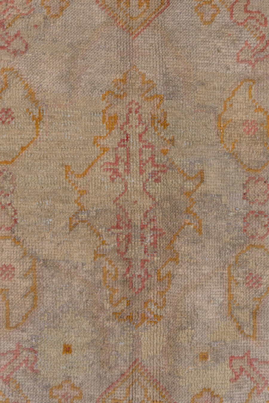 9' x 13' one-of-a-kind handmade antique Oushak large size rug. Color palette: ivory, blush, pale gold, beige, taupe, peach