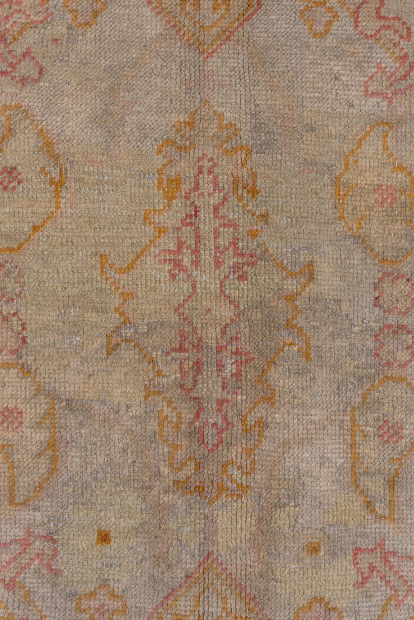 9' x 13' one-of-a-kind handmade antique Oushak large size rug. Color palette: ivory, blush, pale gold, beige, taupe, peach