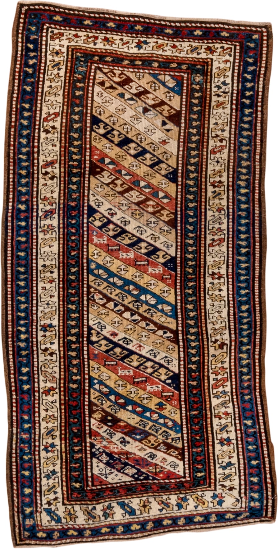 2' x 5' one-of-a-kind handmade antique Caucasian small size rug. Color palette: ivory, navy, rust, sky blue, brown, red