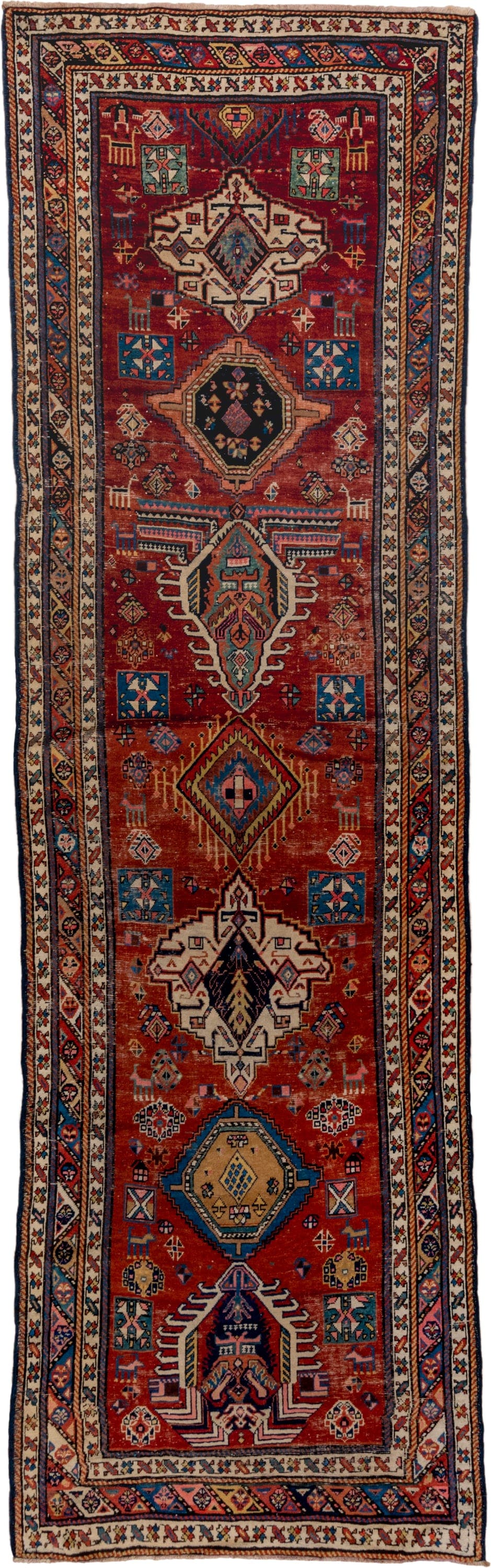 3' x 13' one-of-a-kind handmade antique NW Persian runner rug. Color palette: rust, ivory, indigo, sky blue, camel, crimson