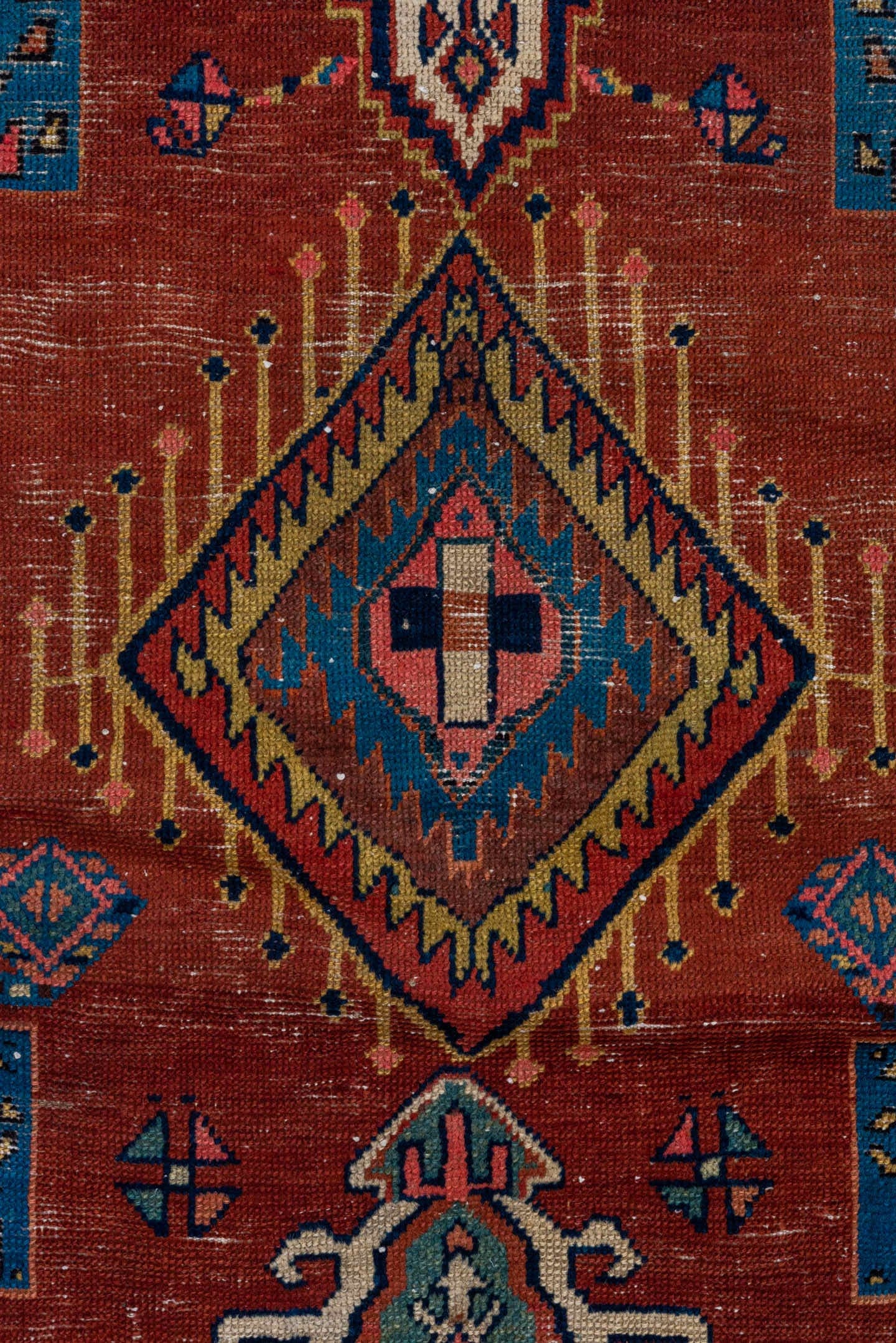 3' x 13' one-of-a-kind handmade antique NW Persian runner rug. Color palette: rust, ivory, indigo, sky blue, camel, crimson