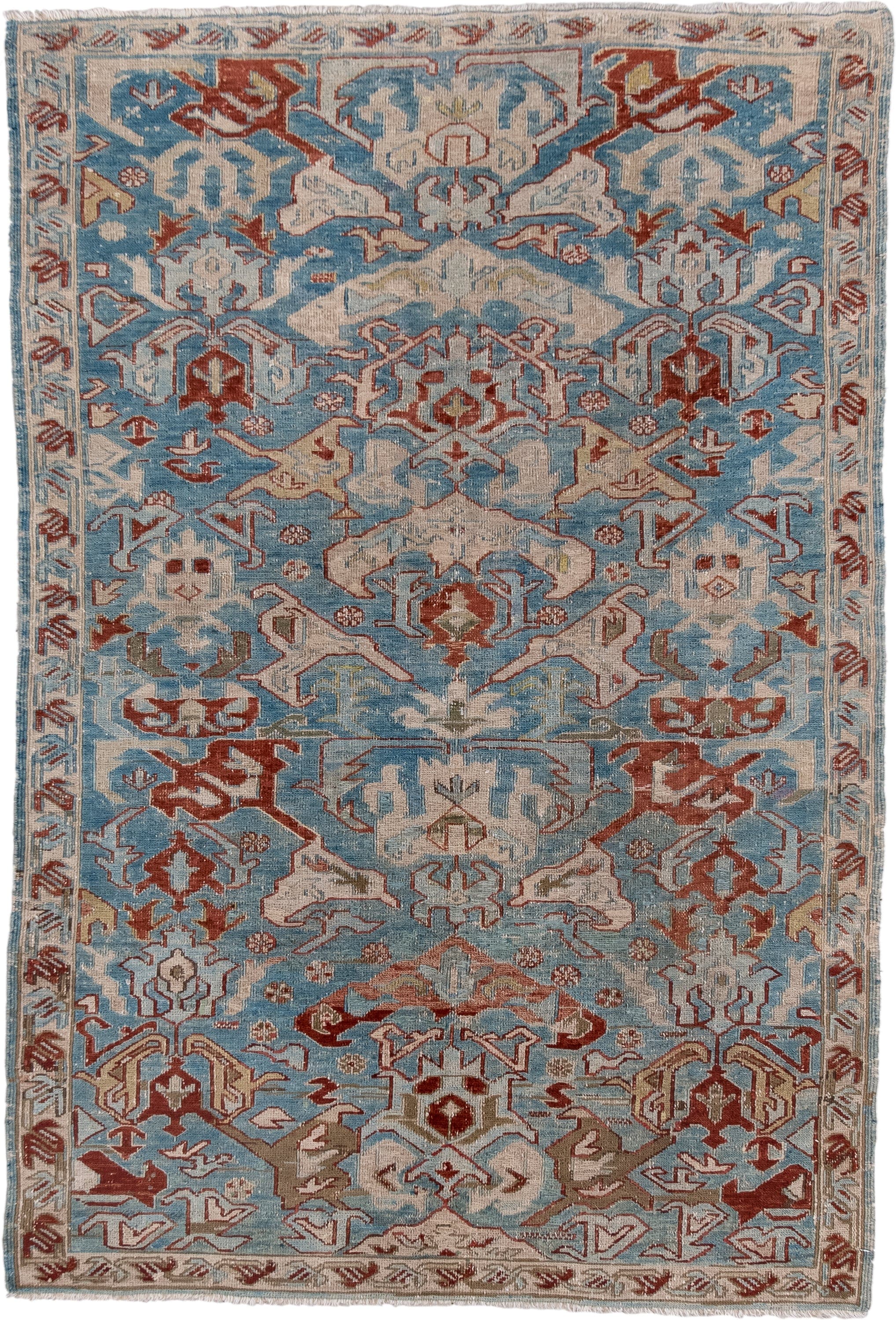 3' x 5' one-of-a-kind handmade antique Sumak small size rug. Color palette: sky blue, ivory, rust, taupe, slate, camel