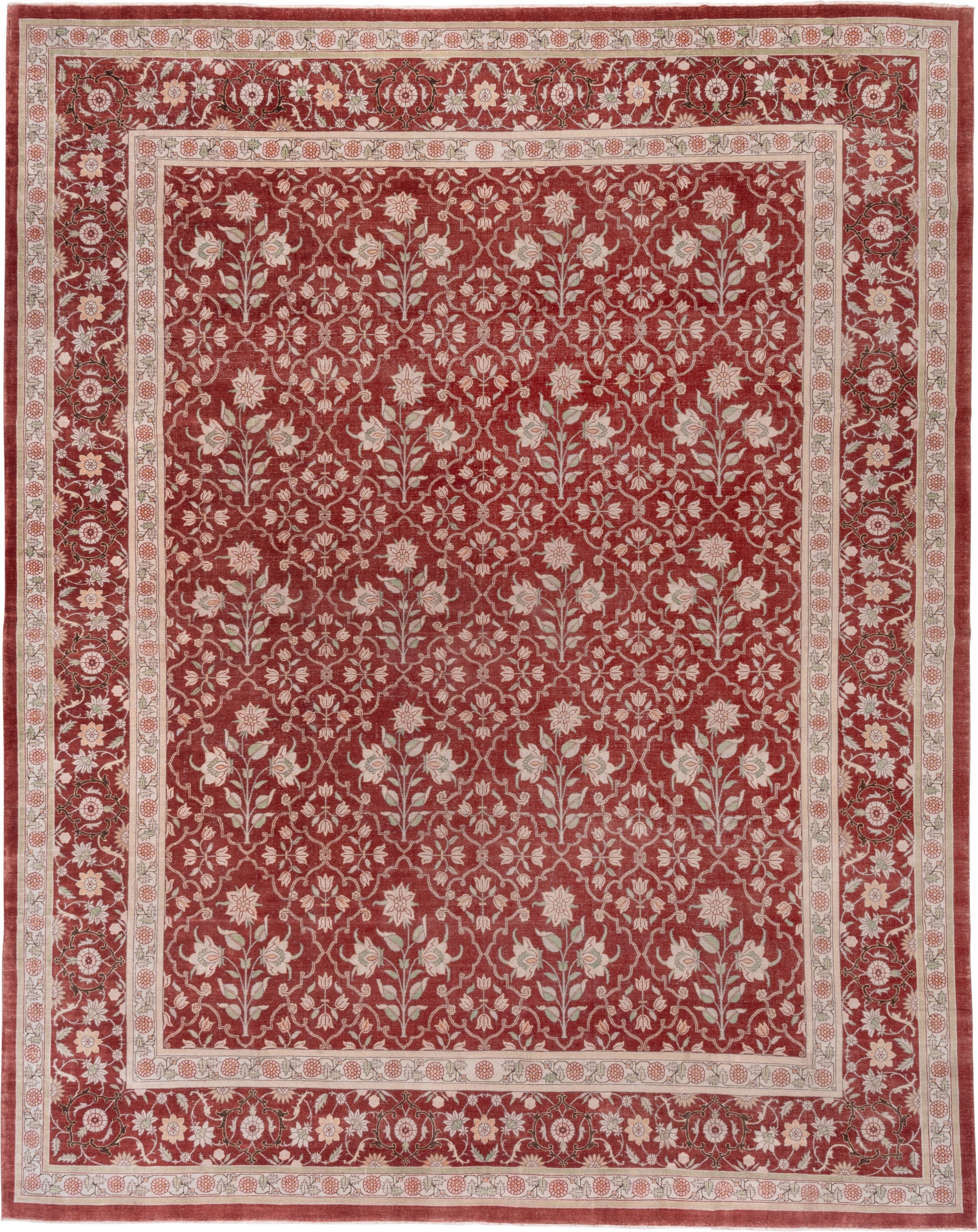 12' x 15' one-of-a-kind handmade antique Agra oversize rug. Color palette: red, ivory, rose, sage, taupe, pink, green, beige