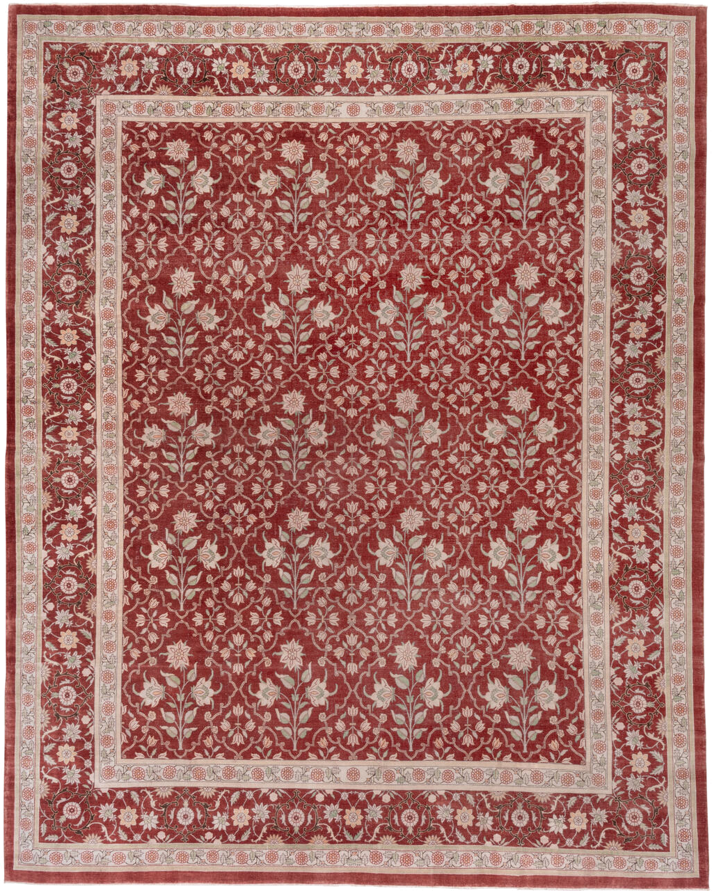 12' x 15' one-of-a-kind handmade antique Agra oversize rug. Color palette: red, ivory, rose, sage, taupe, pink, green, beige