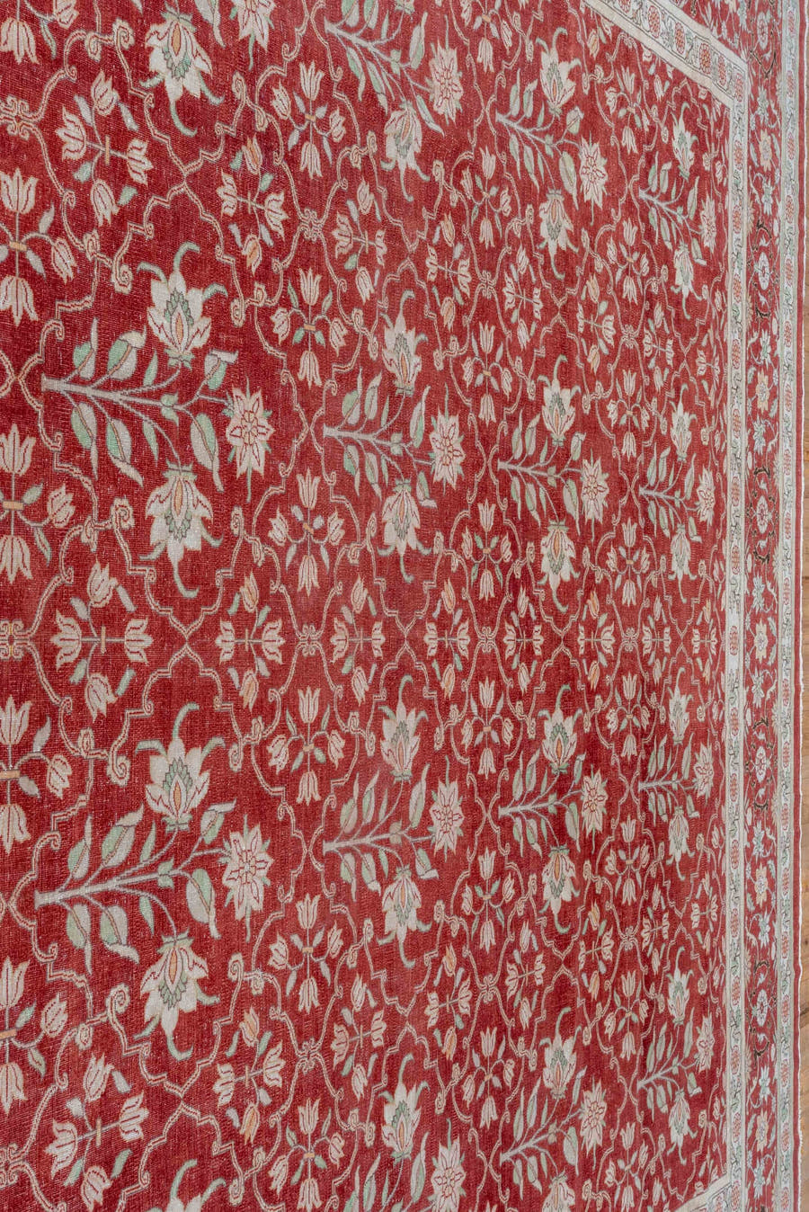12' x 15' one-of-a-kind handmade antique Agra oversize rug. Color palette: red, ivory, rose, sage, taupe, pink, green, beige