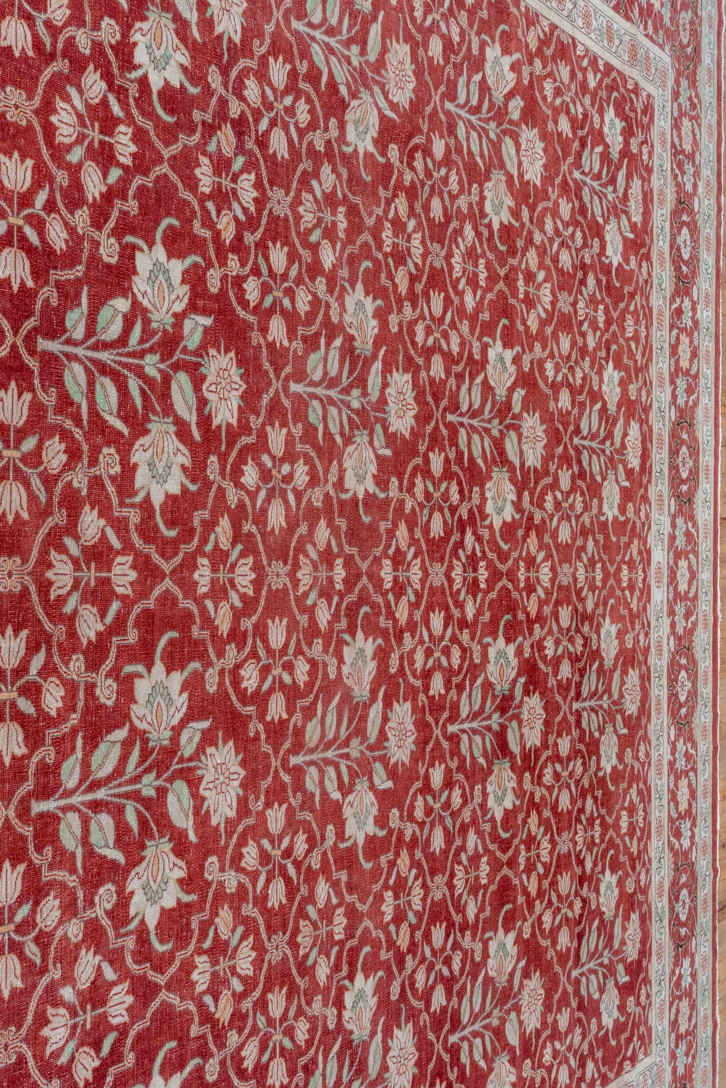 12' x 15' one-of-a-kind handmade antique Agra oversize rug. Color palette: red, ivory, rose, sage, taupe, pink, green, beige