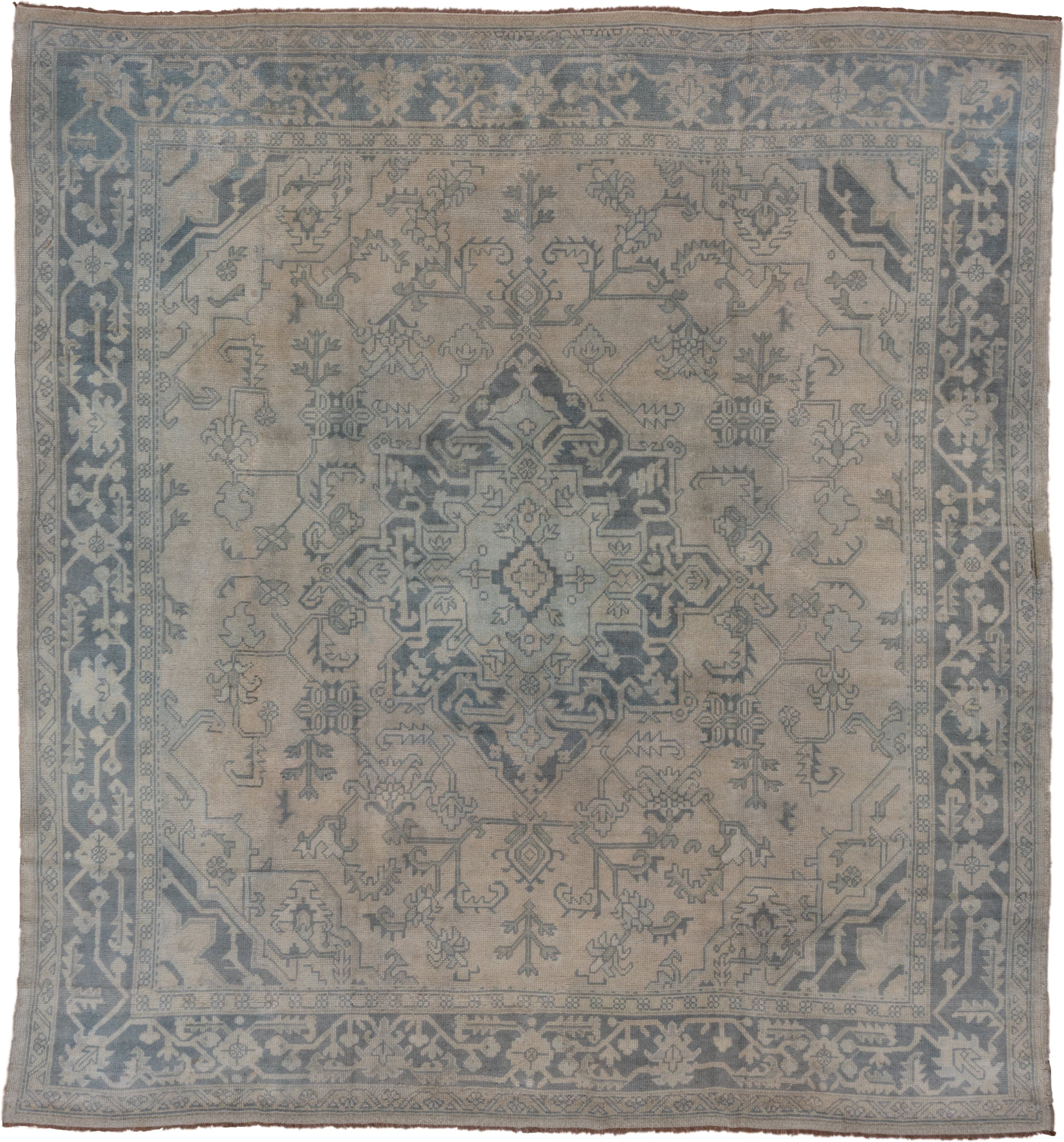 10' x 11' one-of-a-kind handmade antique Oushak large size rug. Color palette: ivory, slate, taupe, gray, charcoal, beige