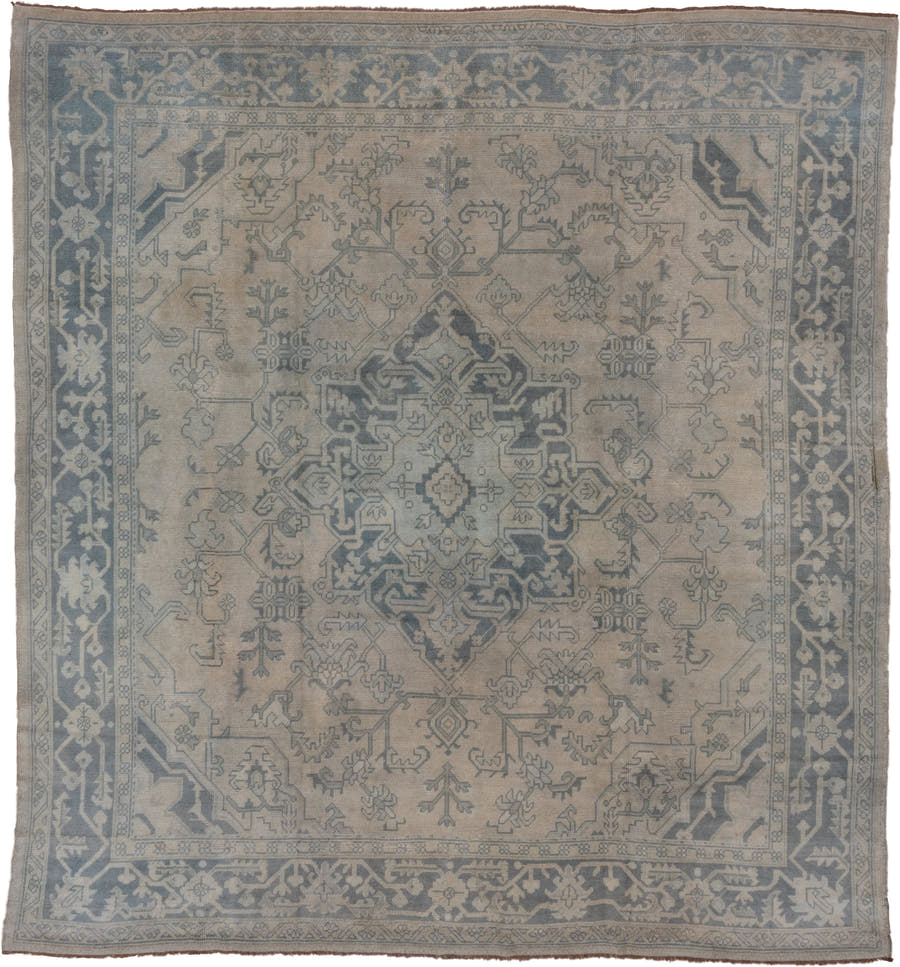 10' x 11' one-of-a-kind handmade antique Oushak large size rug. Color palette: ivory, slate, taupe, gray, charcoal, beige