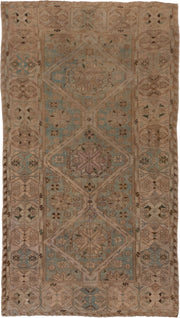 7' x 12' one-of-a-kind handmade antique Sumak large size rug. Color palette: taupe, beige, ivory, aqua, brown, sage, camel