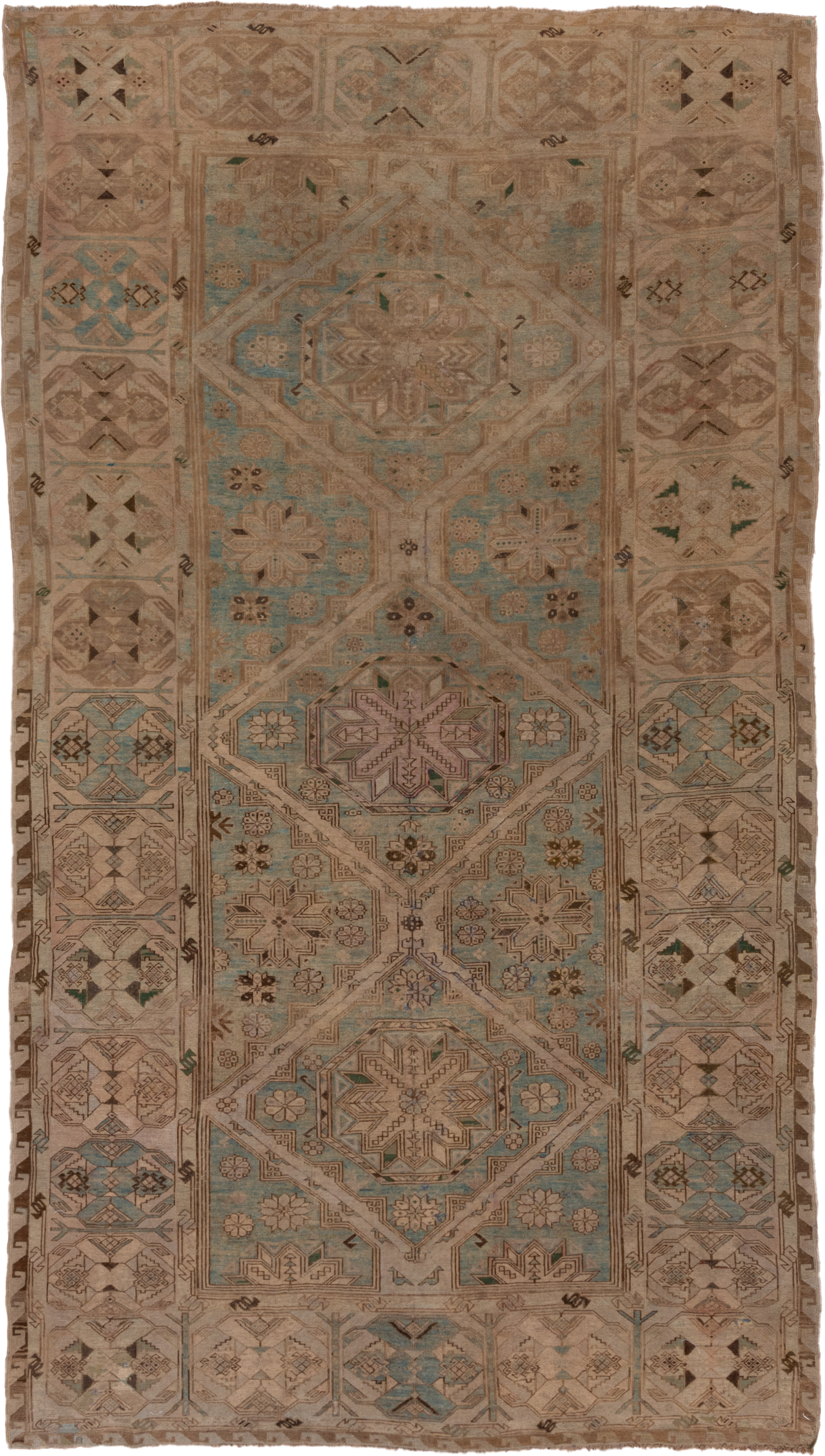 7' x 12' one-of-a-kind handmade antique Sumak large size rug. Color palette: taupe, beige, ivory, aqua, brown, sage, camel