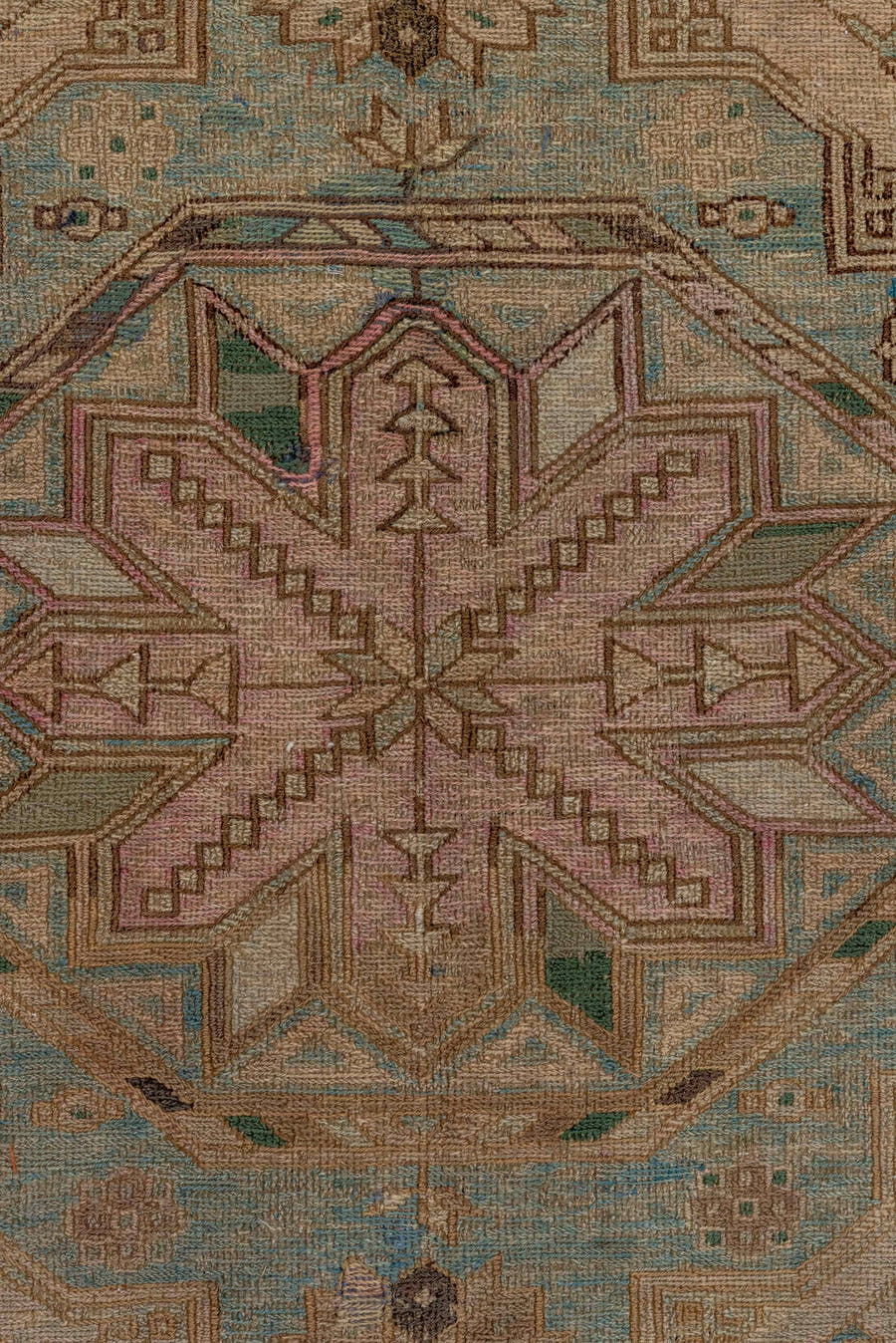 7' x 12' one-of-a-kind handmade antique Sumak large size rug. Color palette: taupe, beige, ivory, aqua, brown, sage, camel