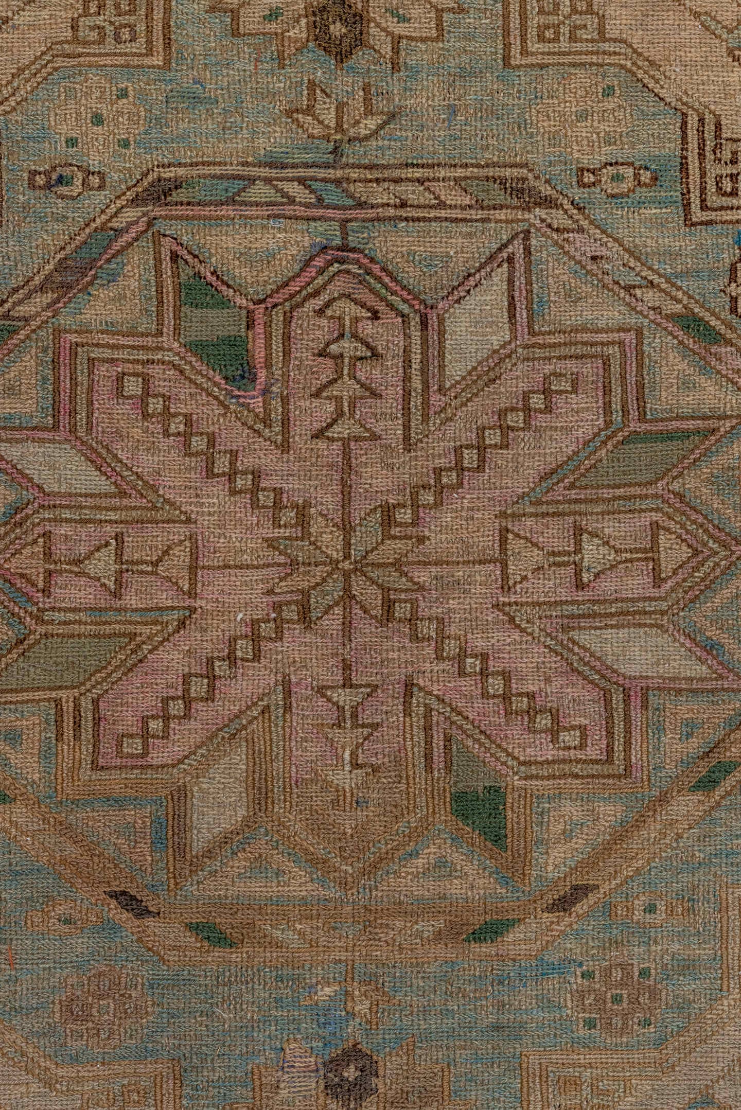 7' x 12' one-of-a-kind handmade antique Sumak large size rug. Color palette: taupe, beige, ivory, aqua, brown, sage, camel