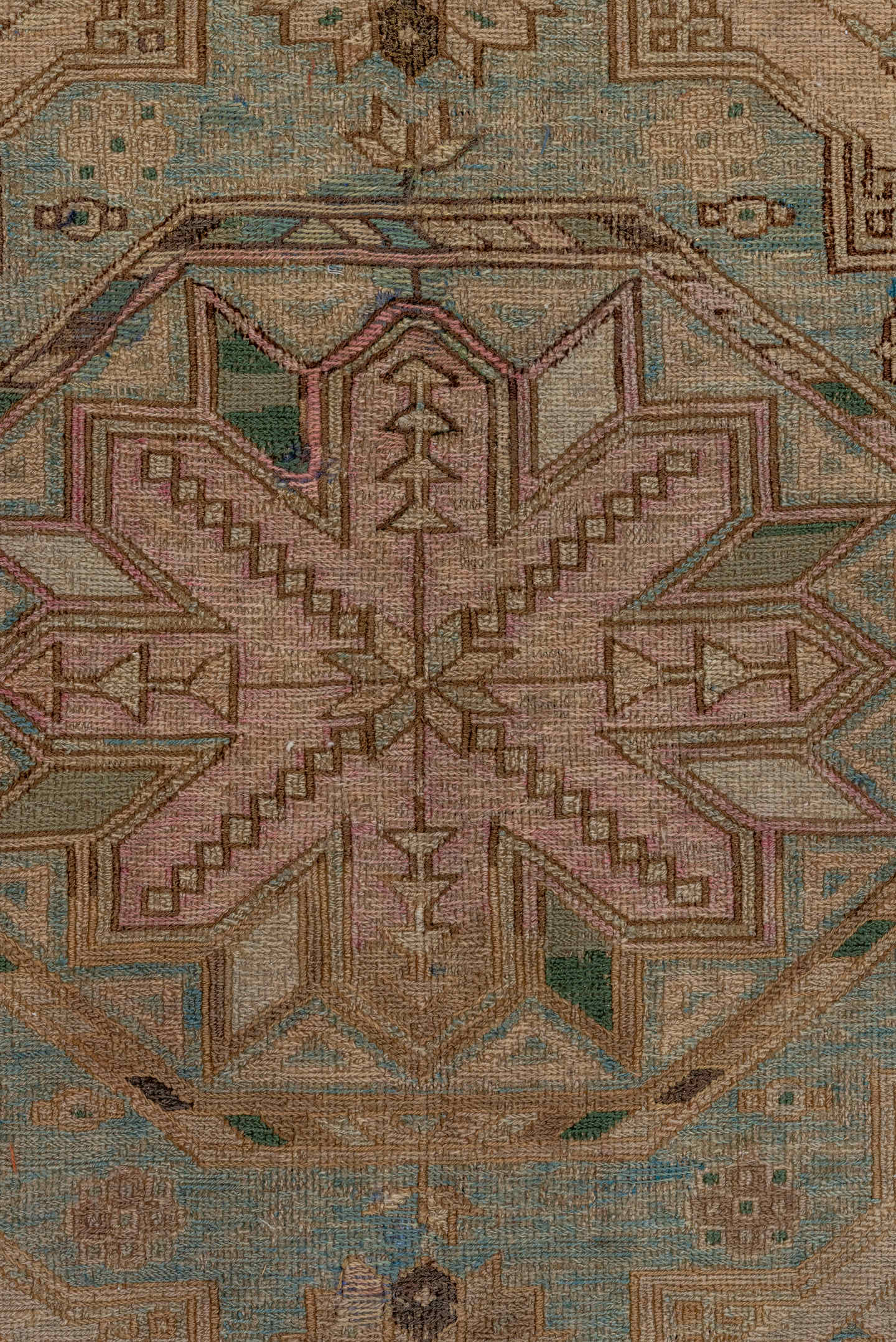 7' x 12' one-of-a-kind handmade antique Sumak large size rug. Color palette: taupe, beige, ivory, aqua, brown, sage, camel