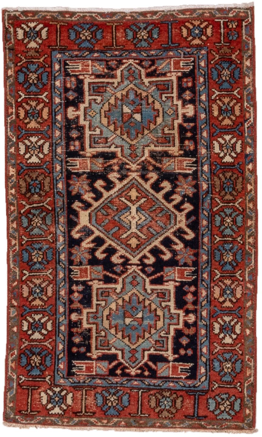 2' x 4' one-of-a-kind handmade antique Karaje small size rug. Color palette: rust, navy, ivory, sky_blue, camel, slate