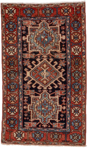 2' x 4' one-of-a-kind handmade antique Karaje small size rug. Color palette: rust, navy, ivory, sky_blue, camel, slate