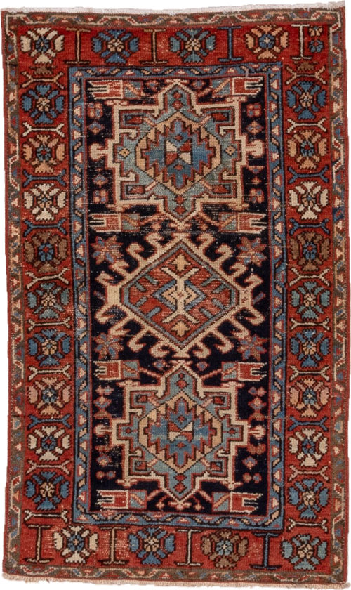 2' x 4' one-of-a-kind handmade antique Karaje small size rug. Color palette: rust, navy, ivory, sky_blue, camel, slate