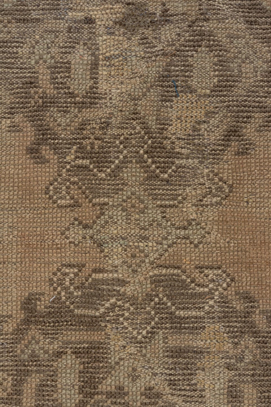 8' x 8' one-of-a-kind handmade antique Oushak rug. Color palette: taupe, brown, camel, ivory, sage, beige, gray, green