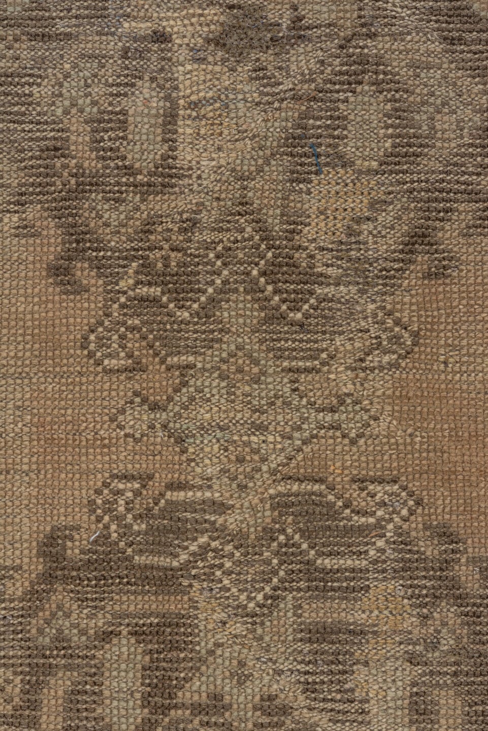 8' x 8' one-of-a-kind handmade antique Oushak rug. Color palette: taupe, brown, camel, ivory, sage, beige, gray, green