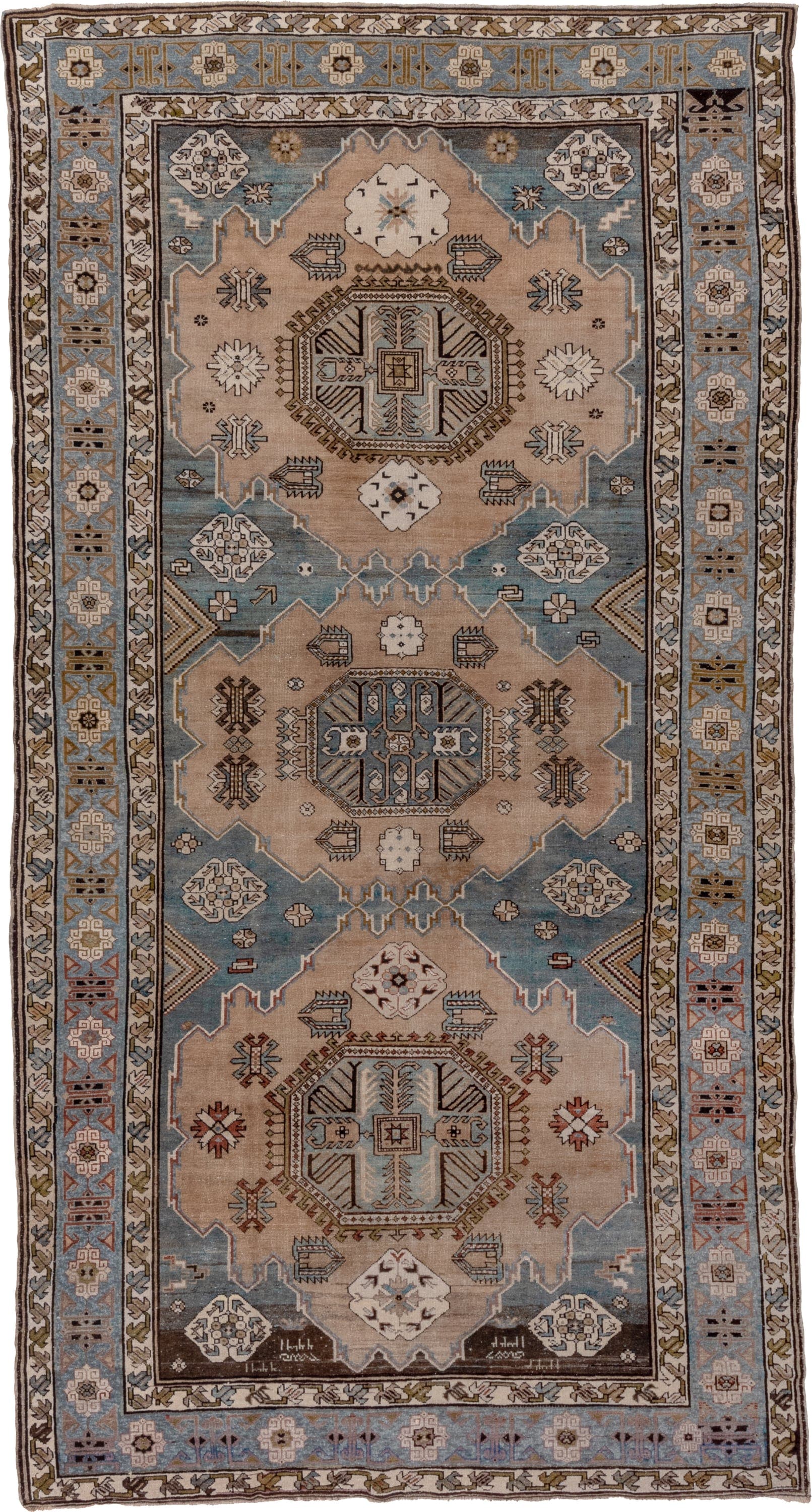 6' x 12' one-of-a-kind handmade antique Caucasian large size rug. Color palette: ivory, sky blue, taupe, brown, slate, camel
