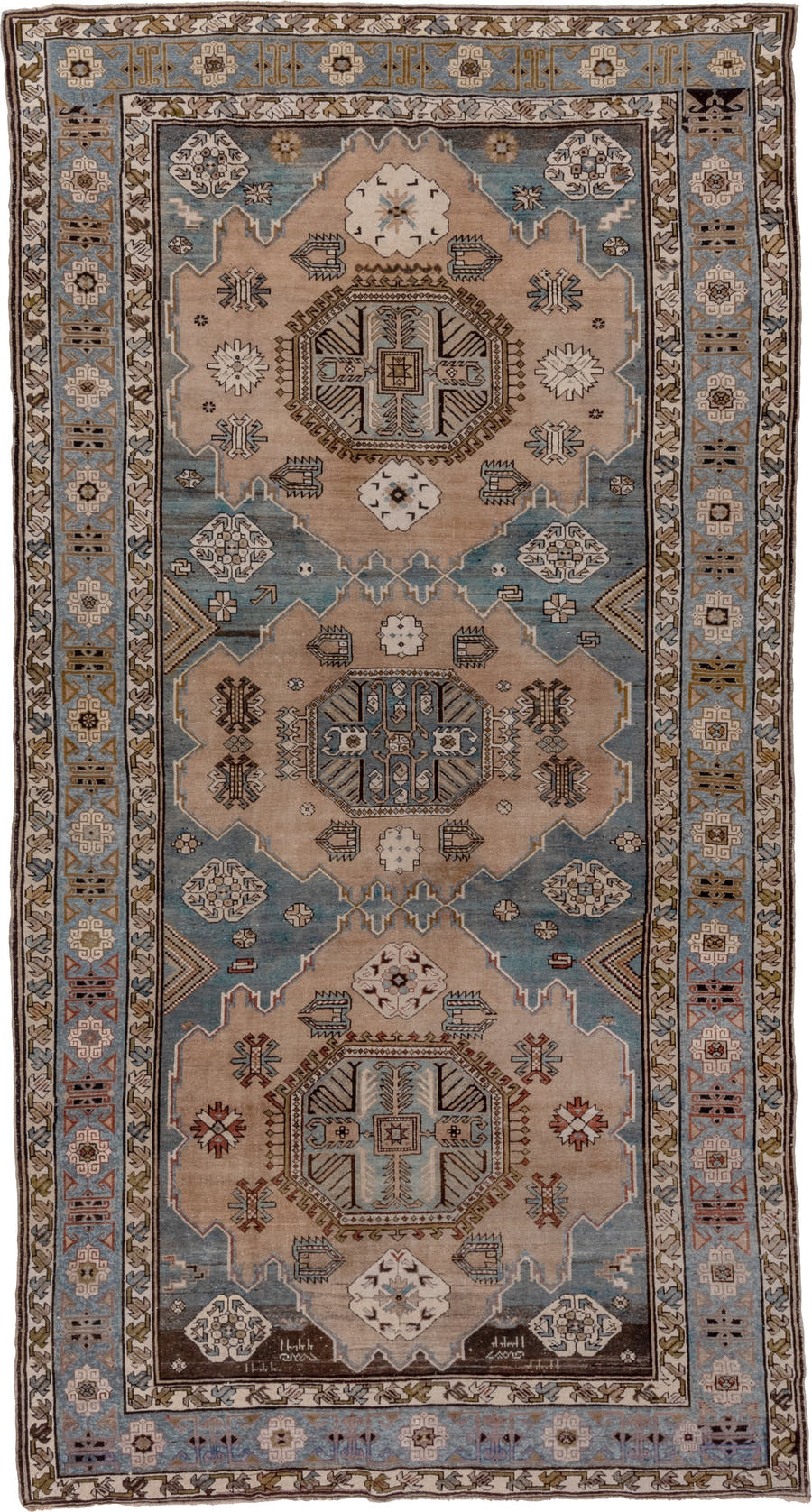 6' x 12' one-of-a-kind handmade antique Caucasian large size rug. Color palette: ivory, sky blue, taupe, brown, slate, camel