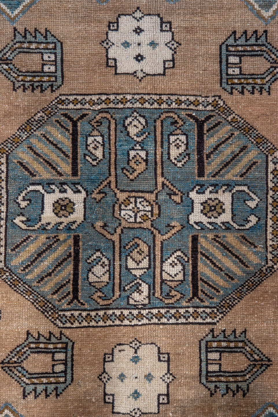 6' x 12' one-of-a-kind handmade antique Caucasian large size rug. Color palette: ivory, sky blue, taupe, brown, slate, camel