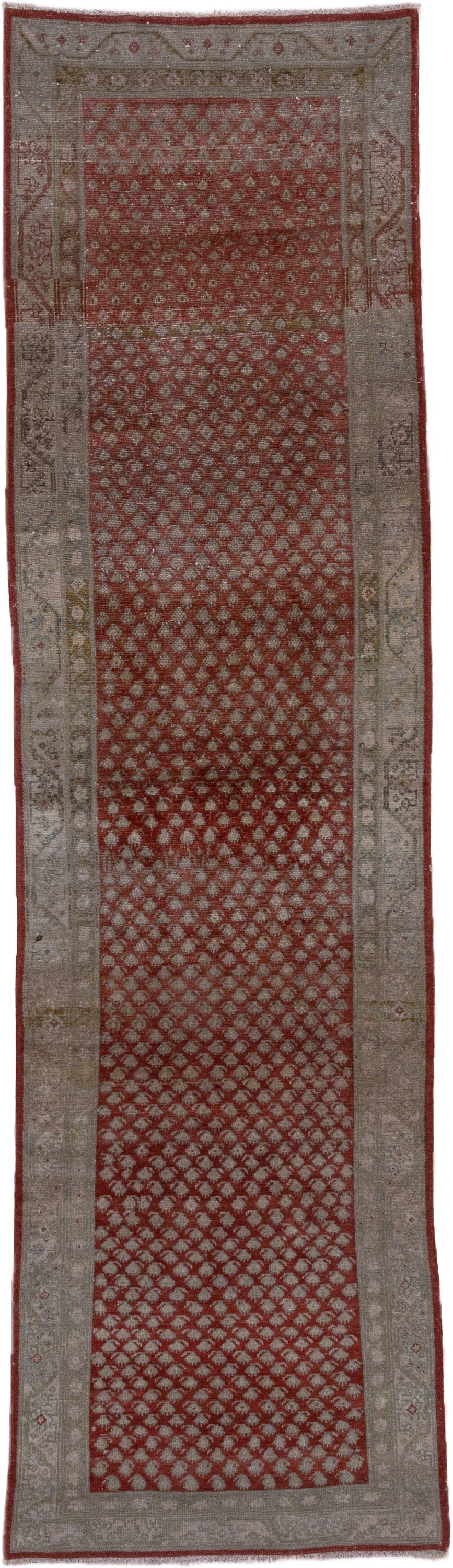 3' x 10' one-of-a-kind handmade vintage Saraband runner rug. Color palette: rust, taupe, ivory, brown, rose, sage
