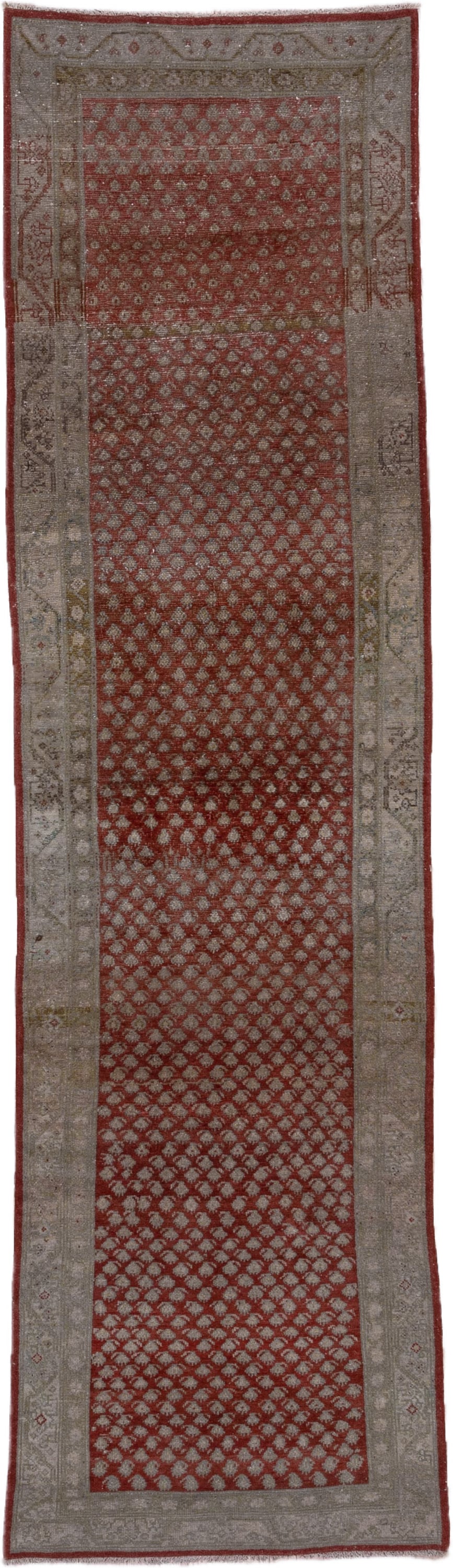 3' x 10' one-of-a-kind handmade vintage Saraband runner rug. Color palette: rust, taupe, ivory, brown, rose, sage