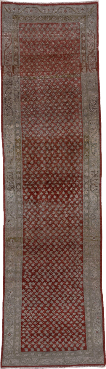 3' x 10' one-of-a-kind handmade vintage Saraband runner rug. Color palette: rust, taupe, ivory, brown, rose, sage