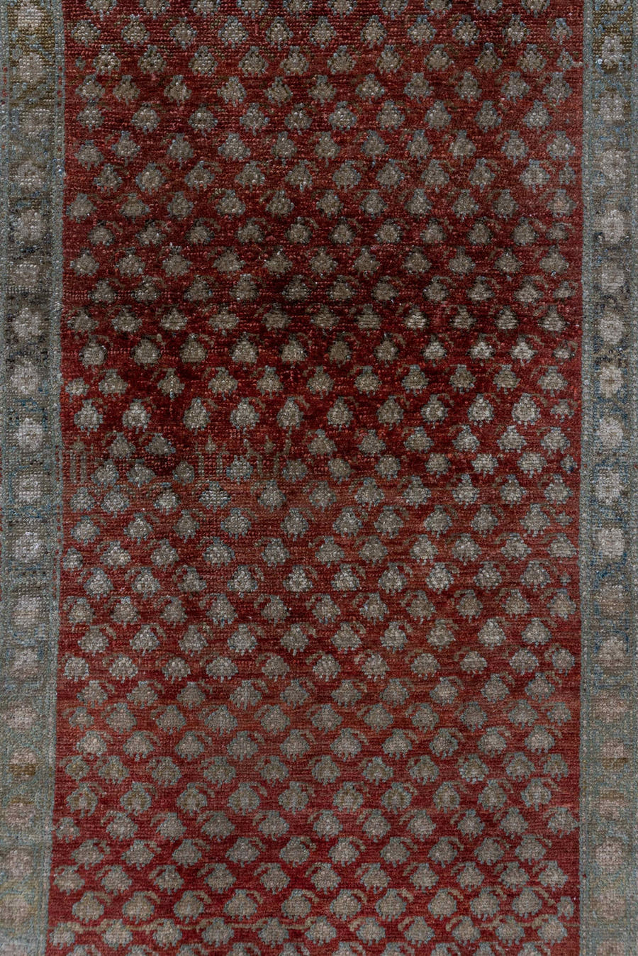3' x 10' one-of-a-kind handmade vintage Saraband runner rug. Color palette: rust, taupe, ivory, brown, rose, sage