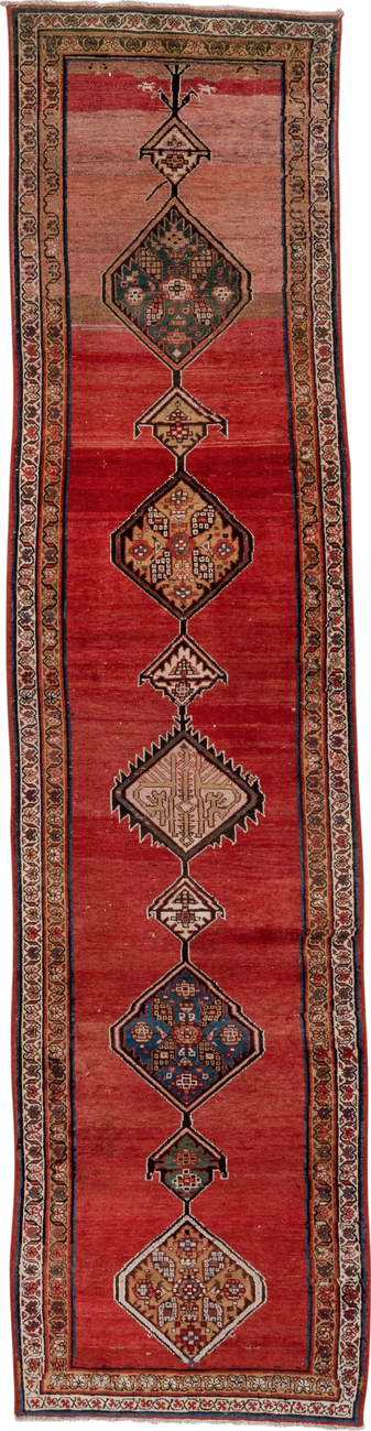 3' x 12' one-of-a-kind handmade antique Malayer runner rug. Color palette: rust, red, ivory, camel, indigo, navy, brown