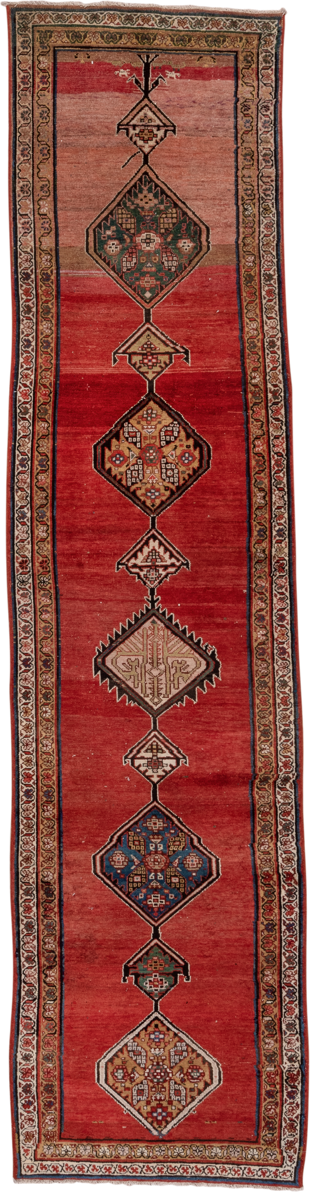 3' x 12' one-of-a-kind handmade antique Malayer runner rug. Color palette: rust, red, ivory, camel, indigo, navy, brown