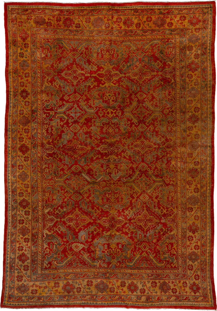 10' x 15' one-of-a-kind handmade antique Oushak rug. Color palette: rust, gold, terra cotta, slate, camel, sienna