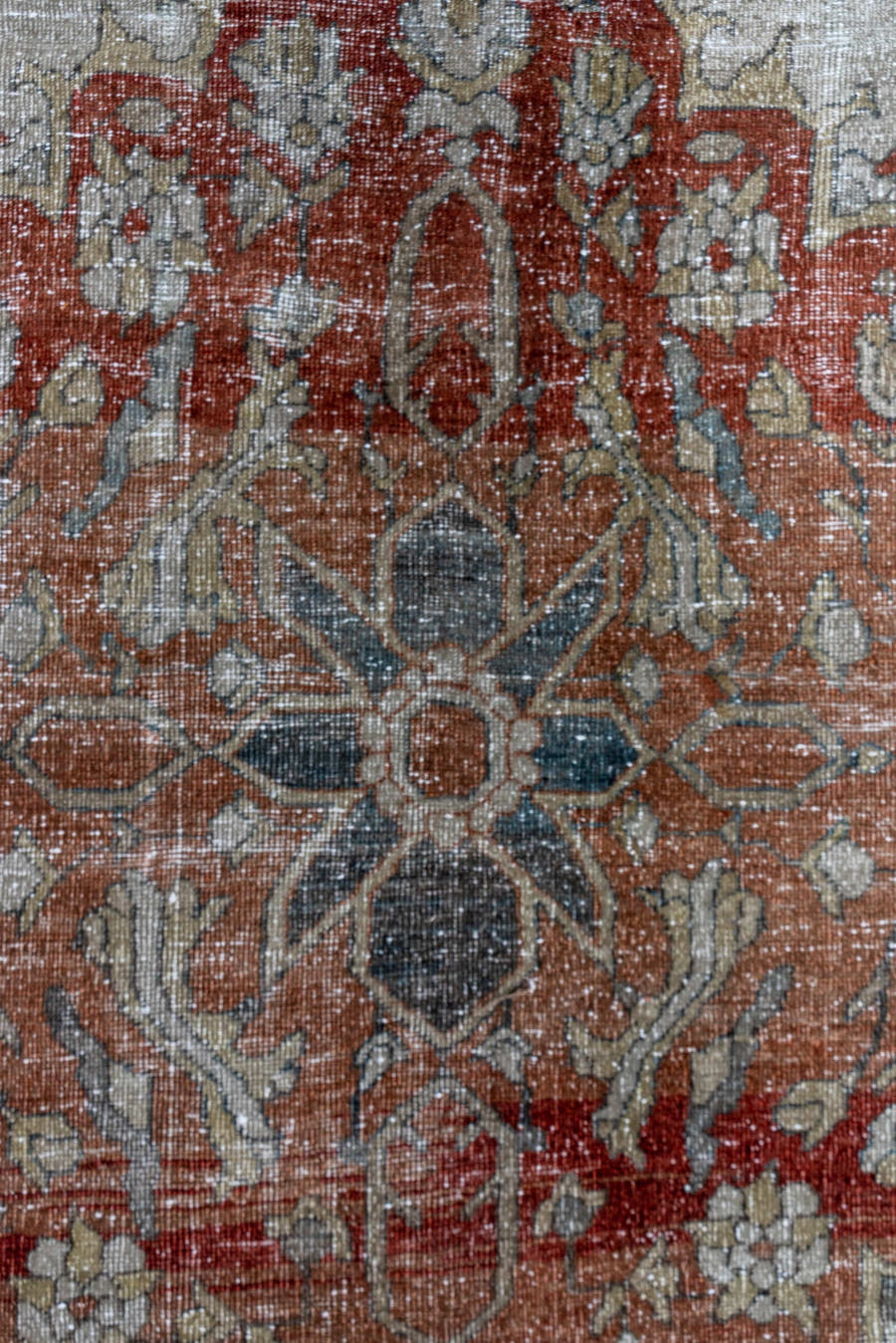 9' x 12' one-of-a-kind handmade antique Mahal large size rug. Color palette: ivory, rust, terra cotta, slate, charcoal